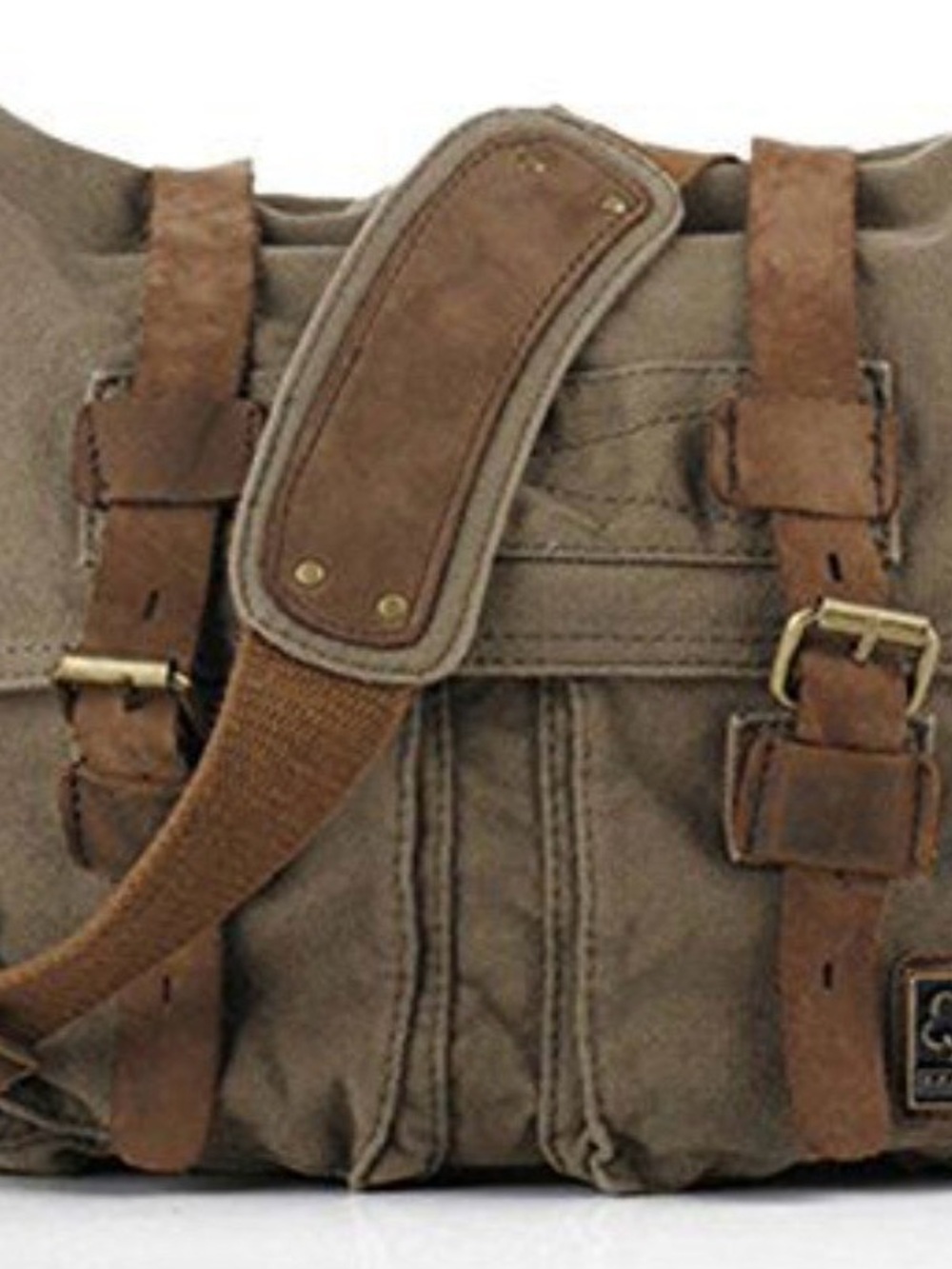 Vintage-Style Brown Canvas Messenger Bag with Leather Trim